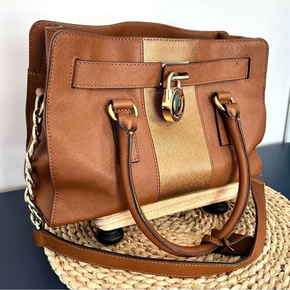 Michael Kors Hamilton Center Stripe Luggage Saffiano Satchel Crossbody Bag - Picture 15 of 16